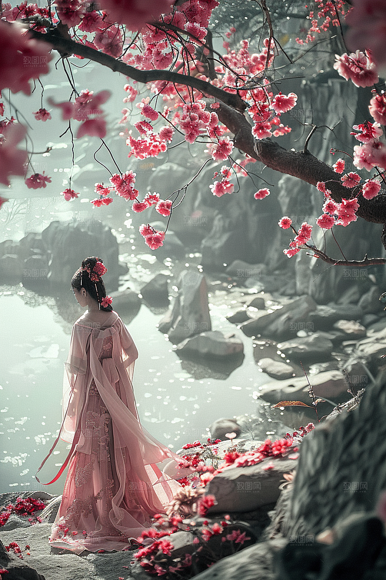 花卉汉服人物美女中式摄影图