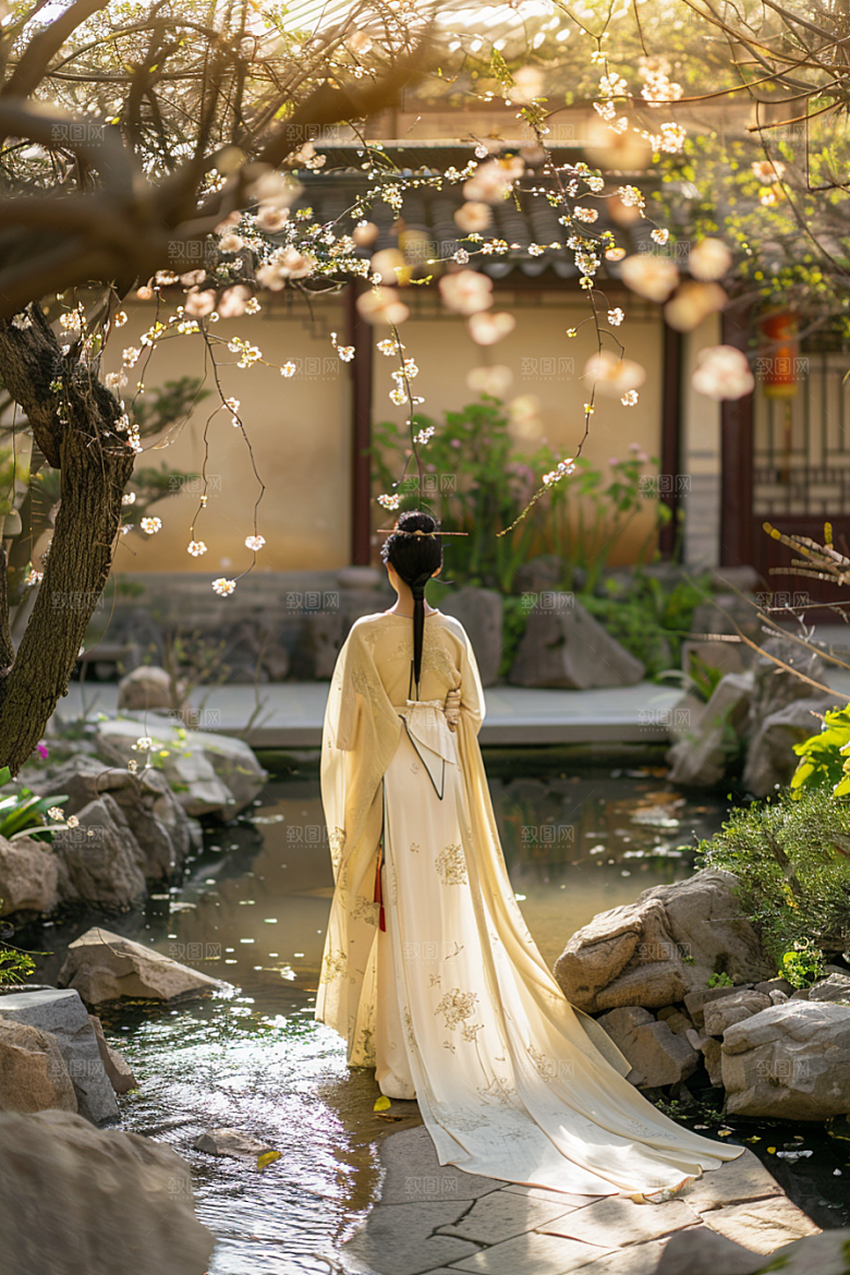 花卉汉服人物美景人像摄影图