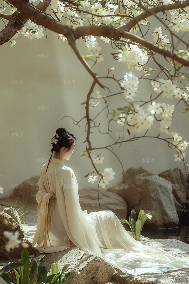 花卉汉服人物中国风园林摄影图