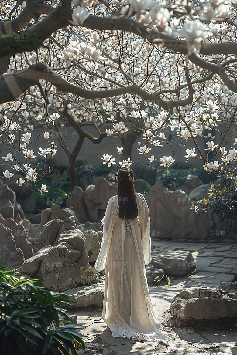 花卉汉服人物园林浪漫摄影图