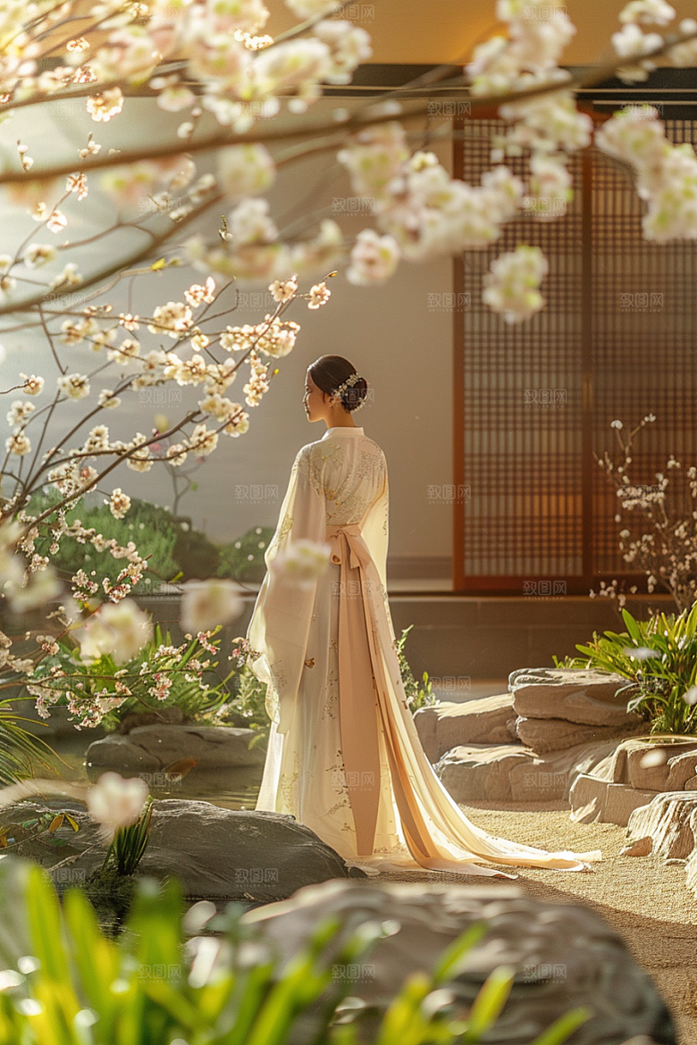 花卉汉服人物园林浪漫摄影图