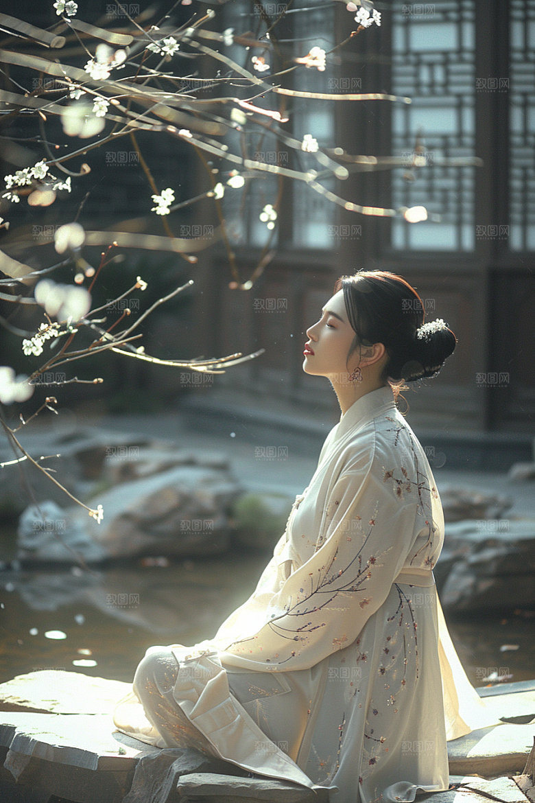 花卉汉服人物唯美园林摄影图