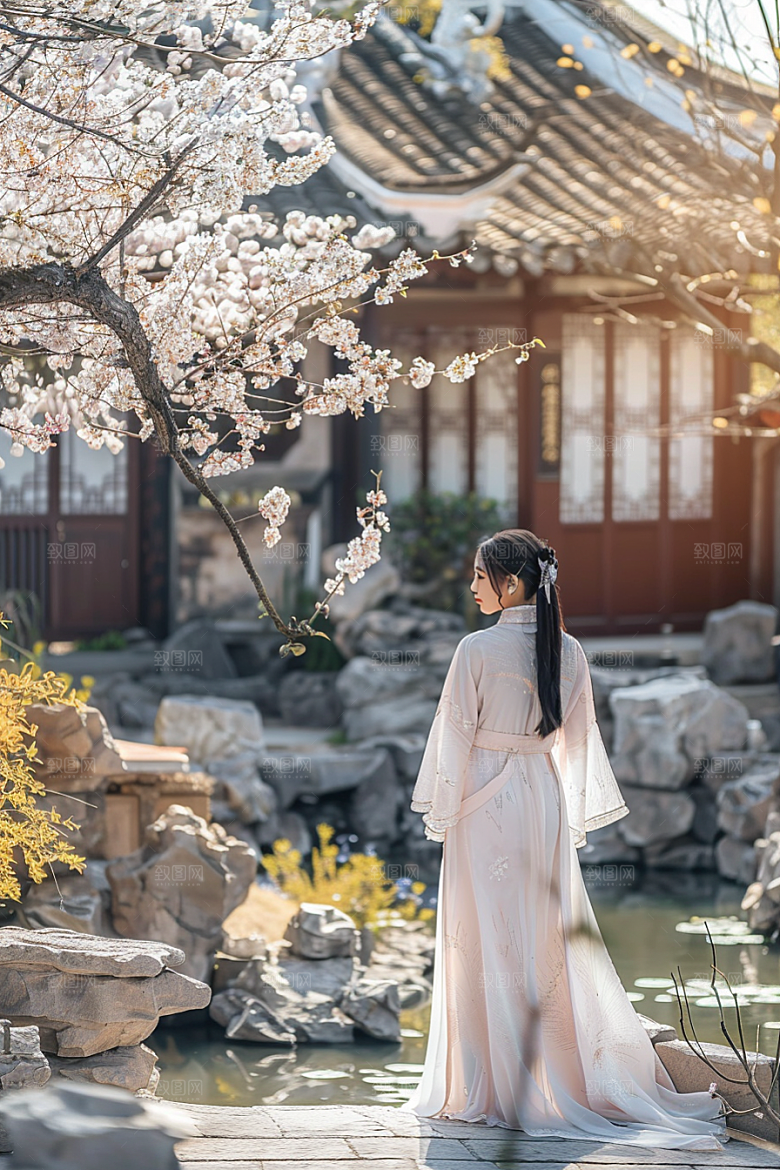 花卉汉服人物美女花丛摄影图