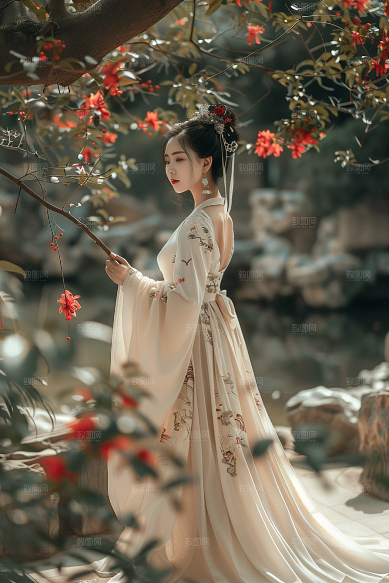 花卉汉服人物美景中国风摄影图