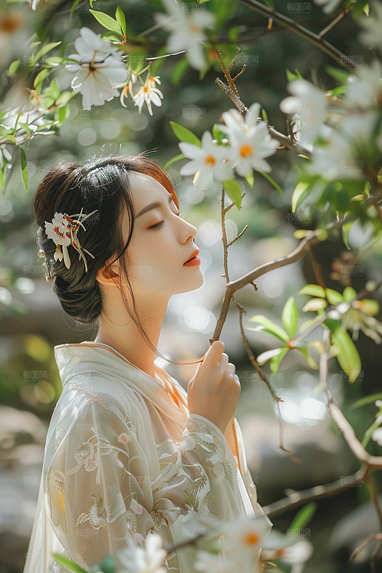 花卉汉服人物花丛中国风摄影图