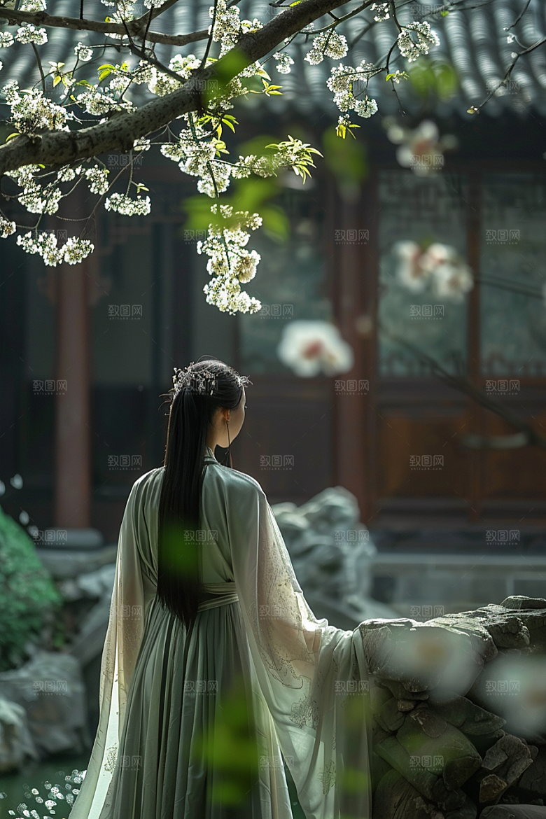 花卉汉服人物园林高清摄影图