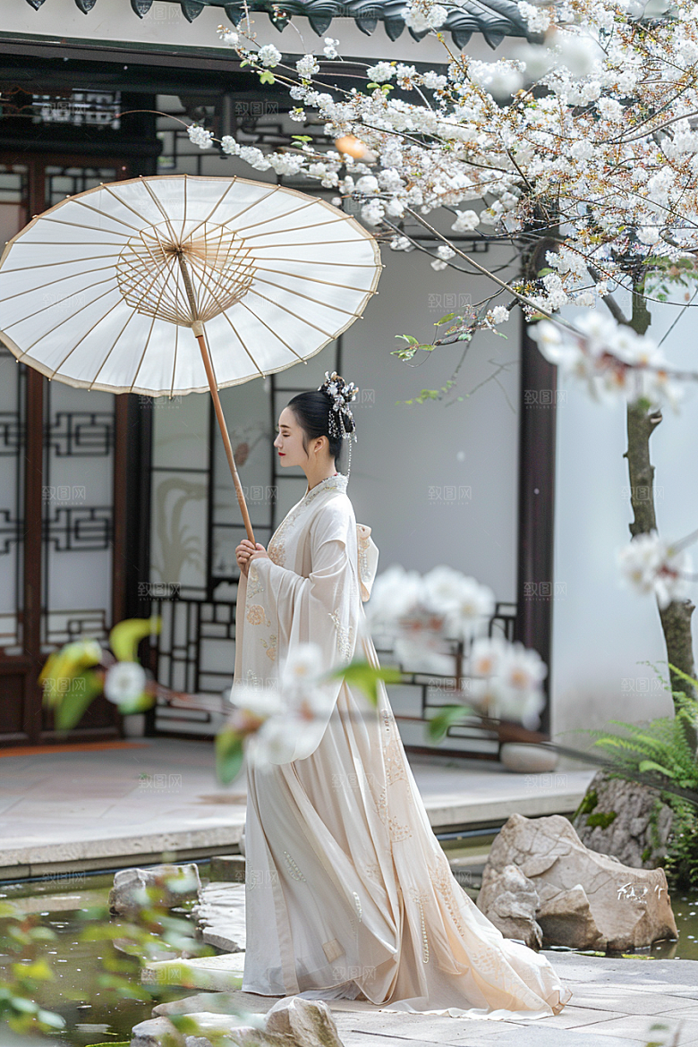 花卉汉服人物古风花丛摄影图