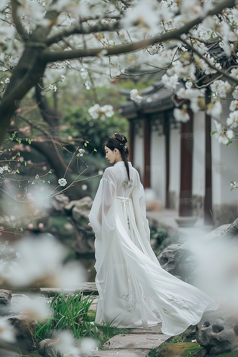 花卉汉服人物中国风美景摄影图