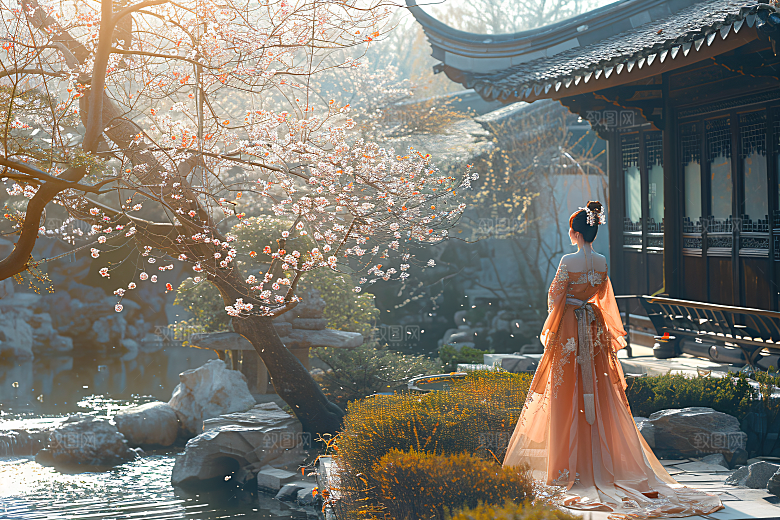 花卉汉服人物中式高清摄影图