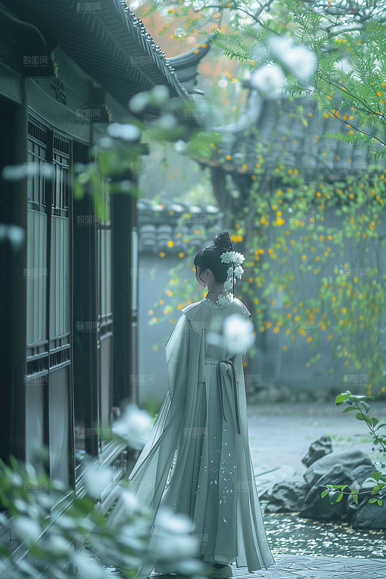 花卉汉服人物唯美园林摄影图