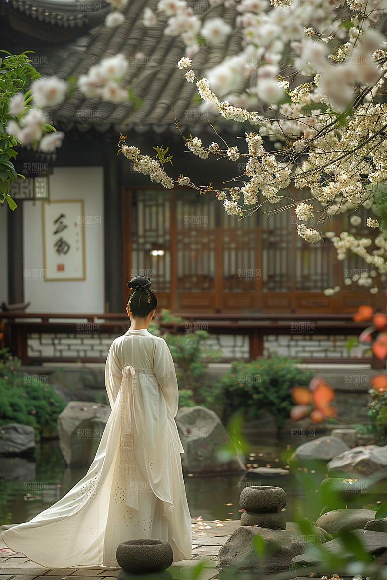 花卉汉服人物唯美花丛摄影图