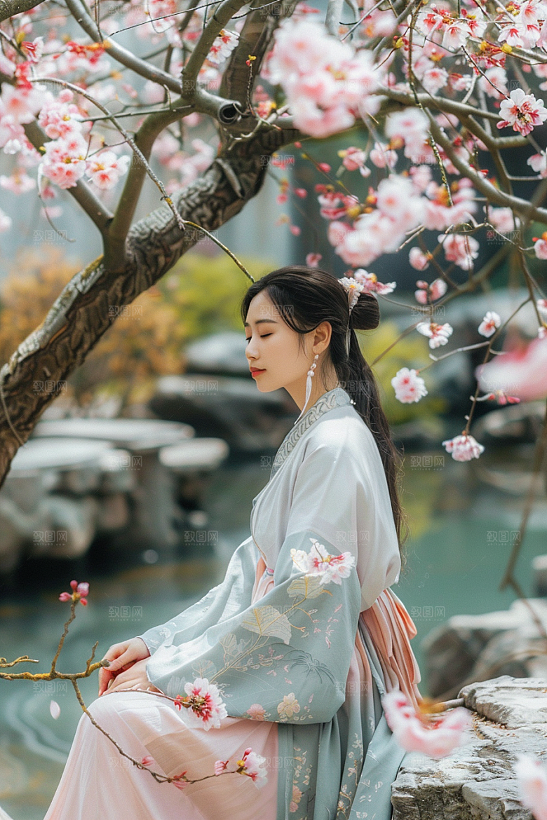花卉汉服人物园林写真摄影图