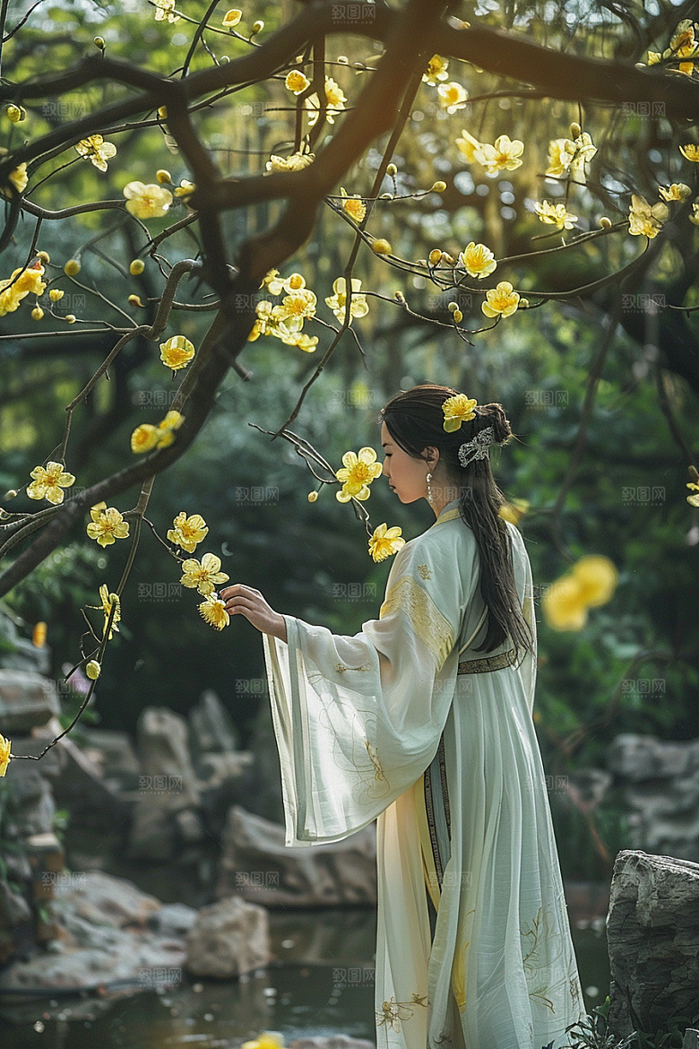 花卉汉服人物写真园林摄影图