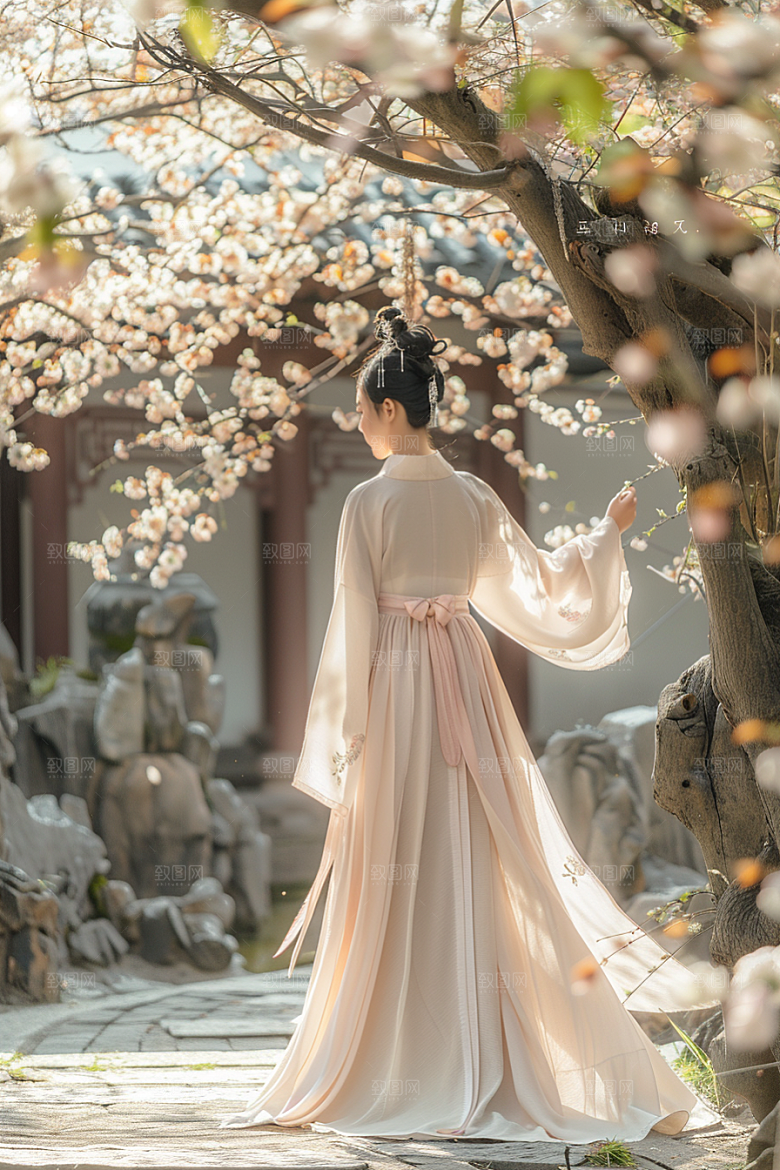 花卉汉服人物唯美园林摄影图