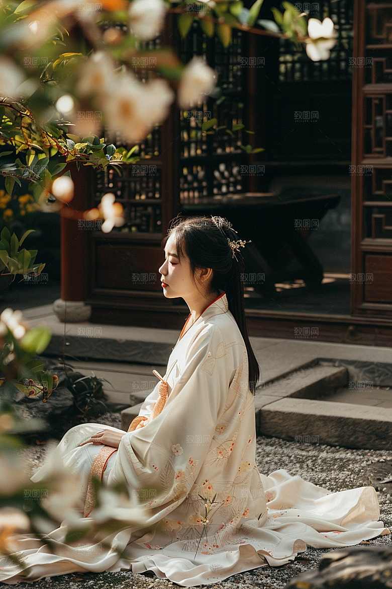 花卉汉服人物浪漫园林摄影图