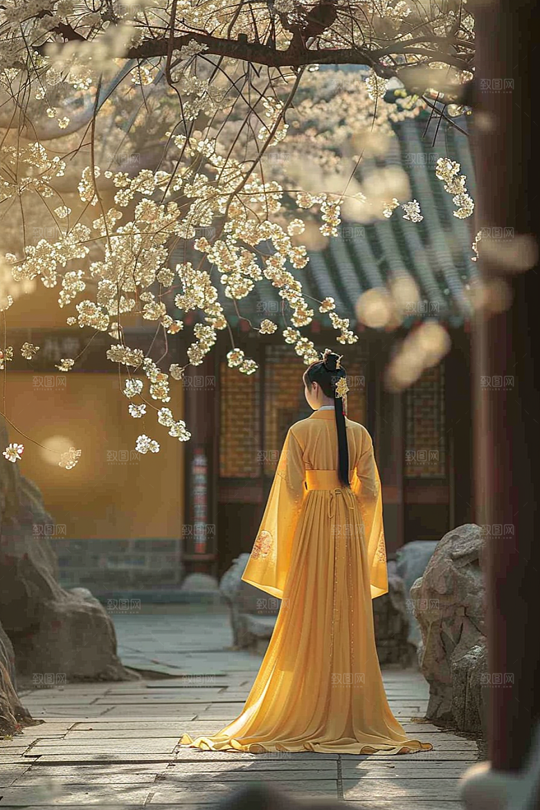 花卉汉服人物园林花丛摄影图