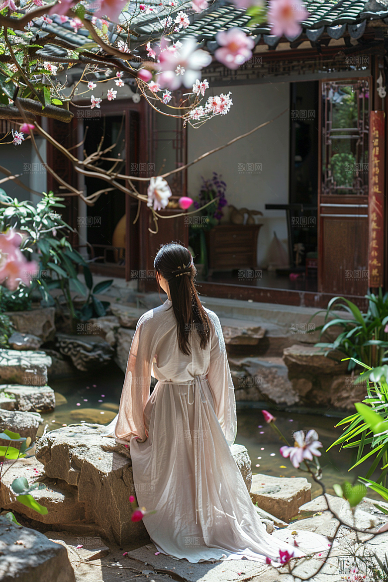 花卉汉服人物古风中式摄影图