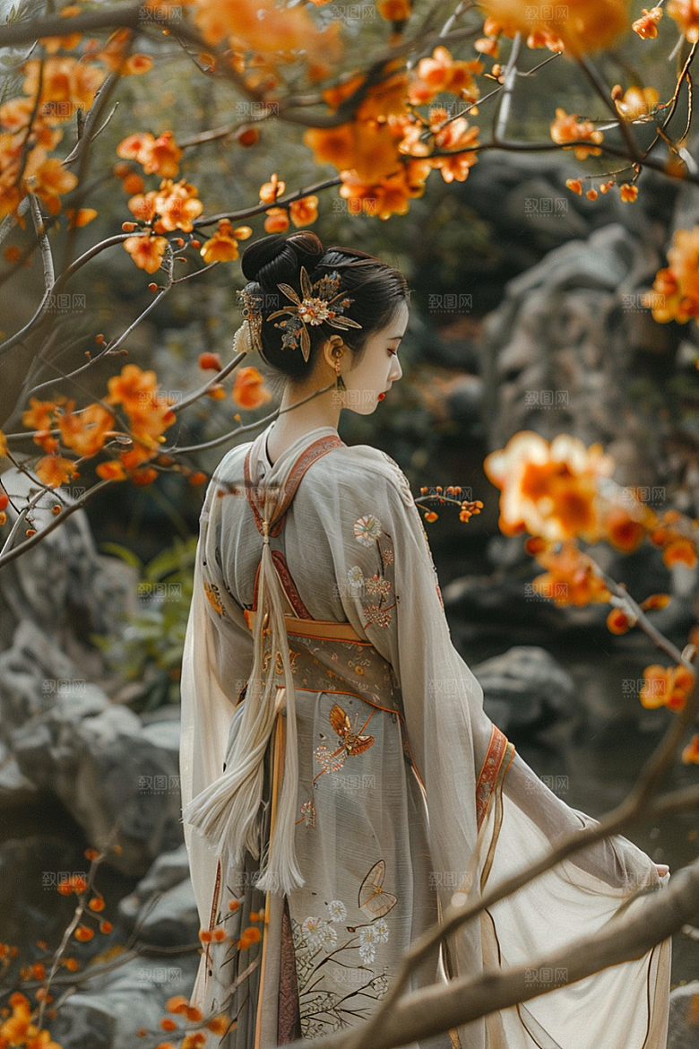 花卉汉服人物中式花丛摄影图