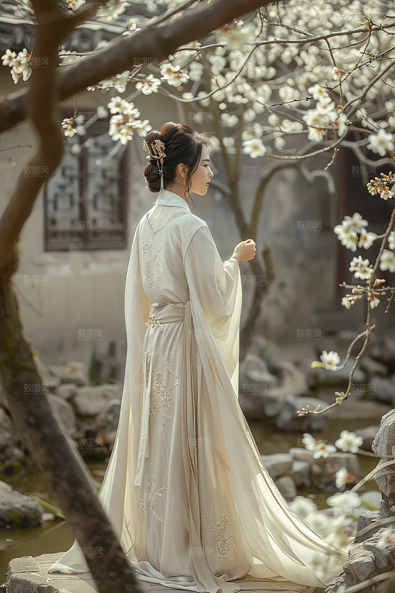 花卉汉服人物人像花丛摄影图