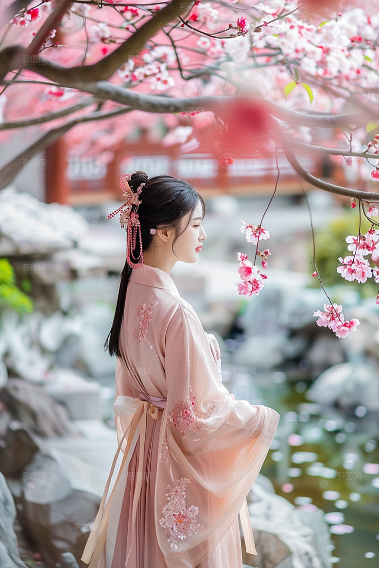 花卉汉服人物浪漫人像摄影图