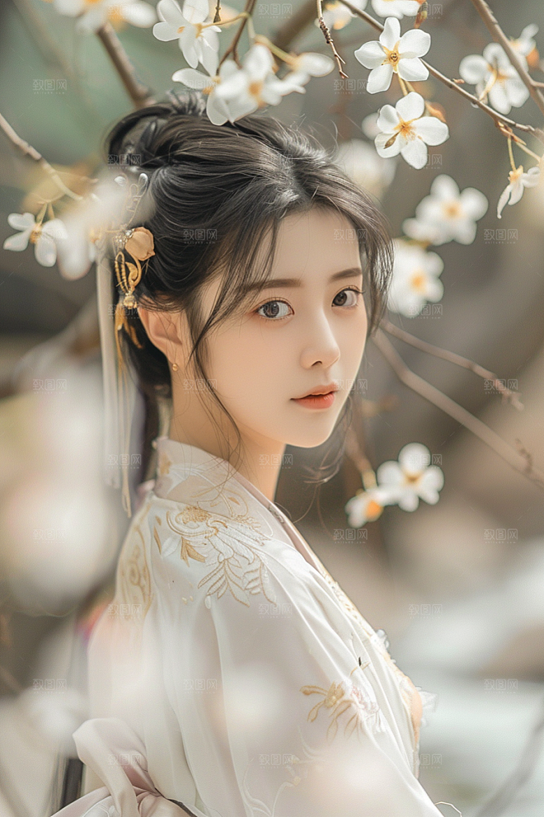 花卉汉服人物唯美花丛摄影图