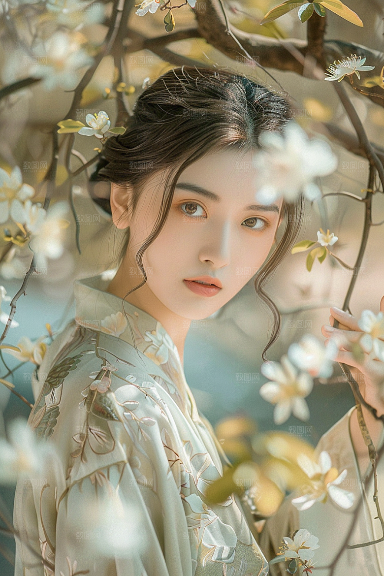 花卉汉服人物人像园林摄影图
