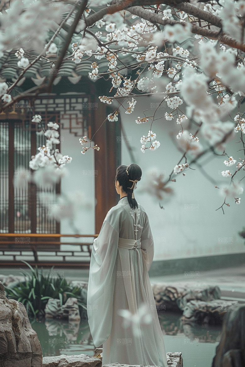 花卉汉服人物园林写真摄影图