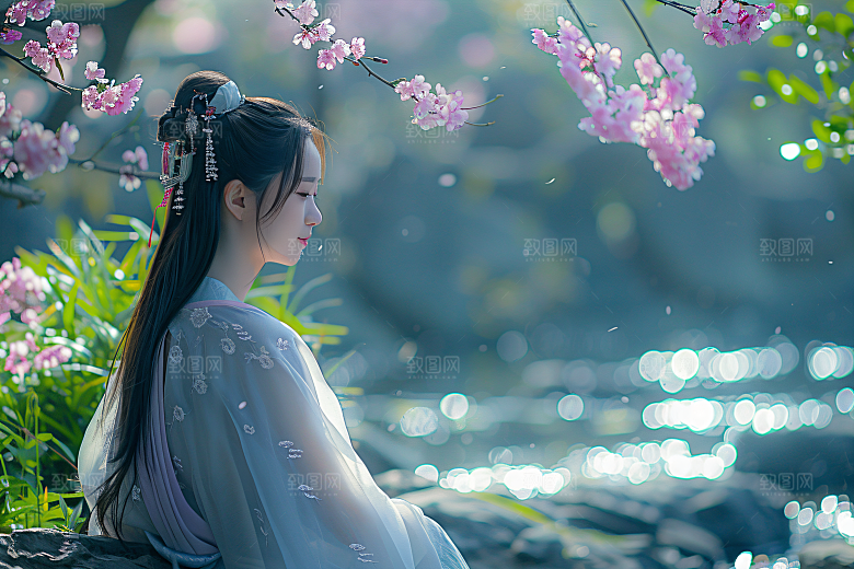 花卉汉服人物花丛浪漫摄影图