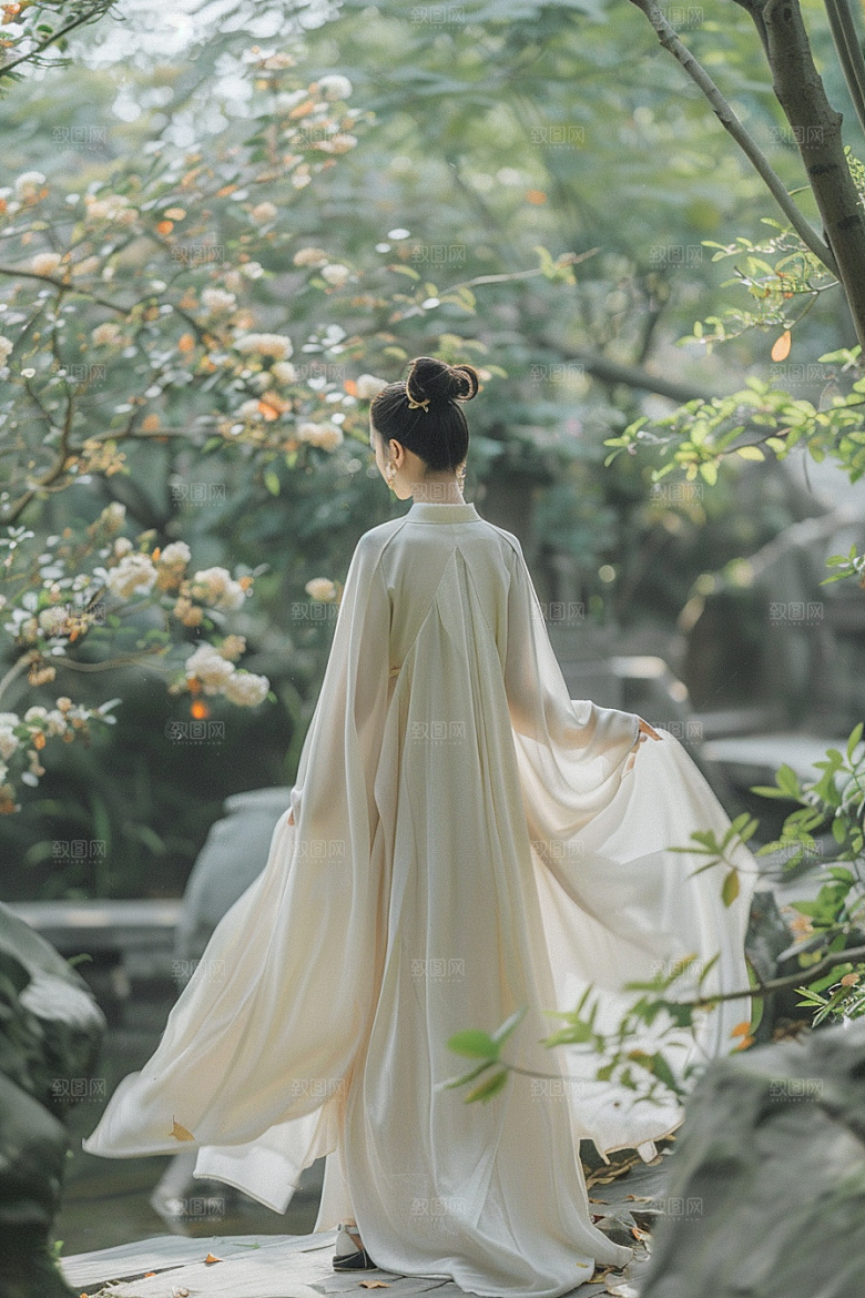 花卉汉服人物园林唯美摄影图