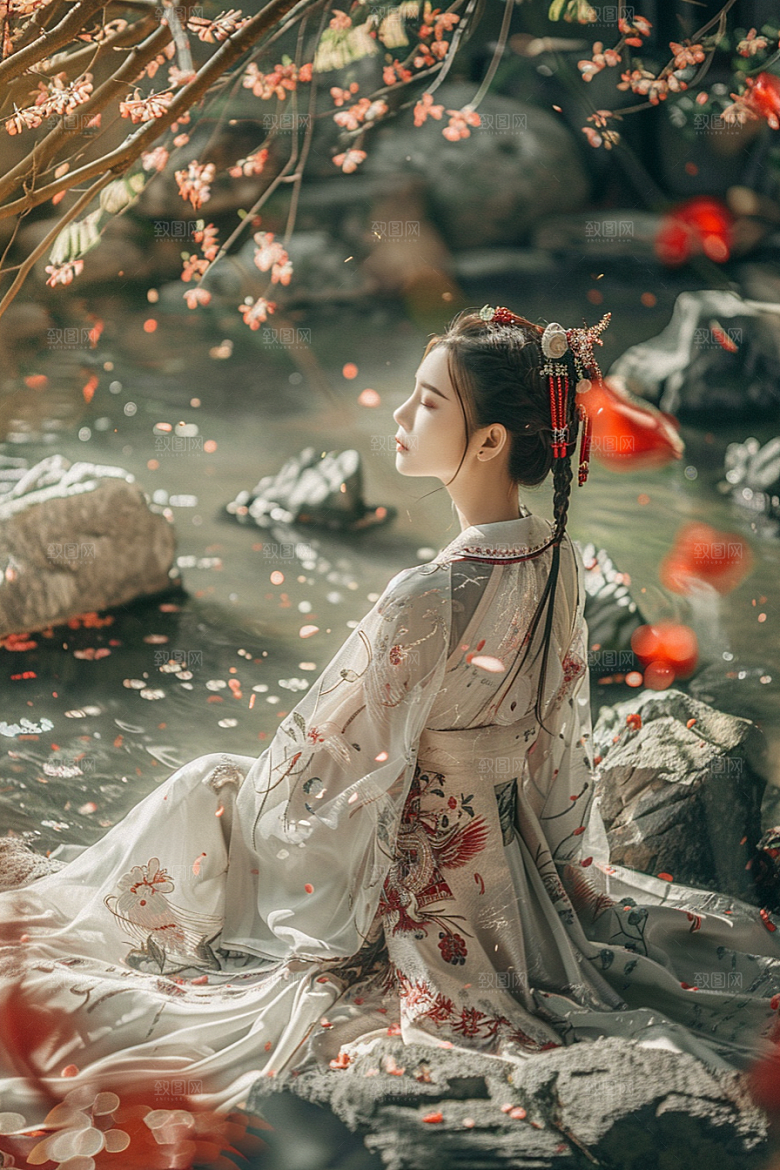 花卉汉服人物中国风花丛摄影图