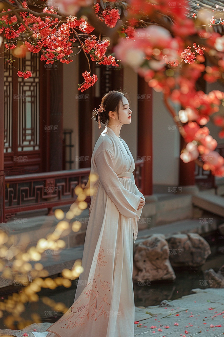 花卉汉服人物唯美中国风摄影图