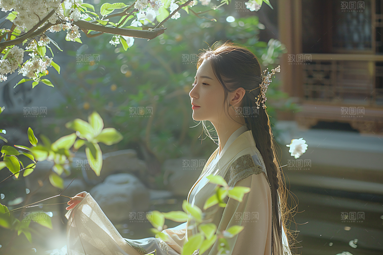 花卉汉服人物唯美园林摄影图