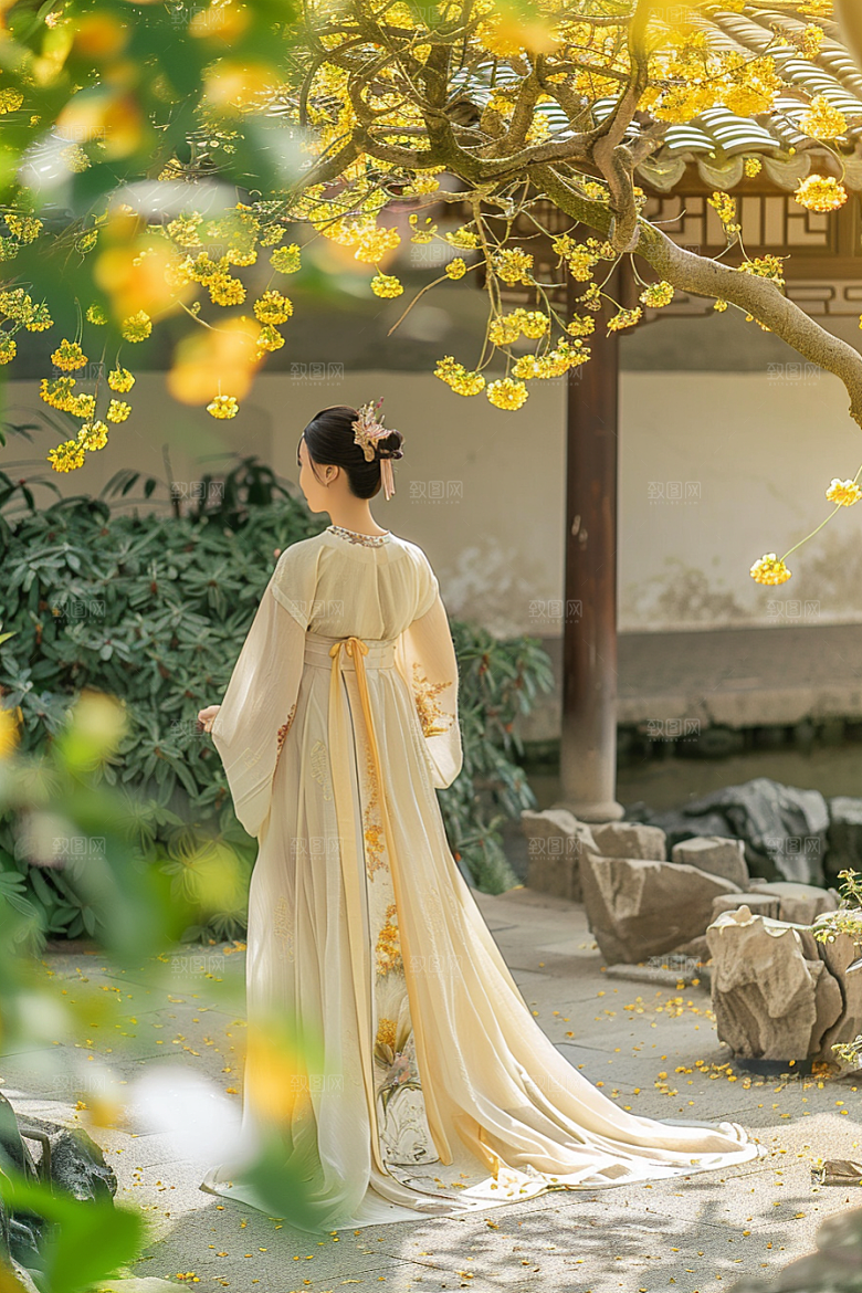 花卉汉服人物中式园林摄影图