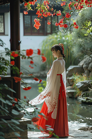 花卉汉服人物中式美景摄影图