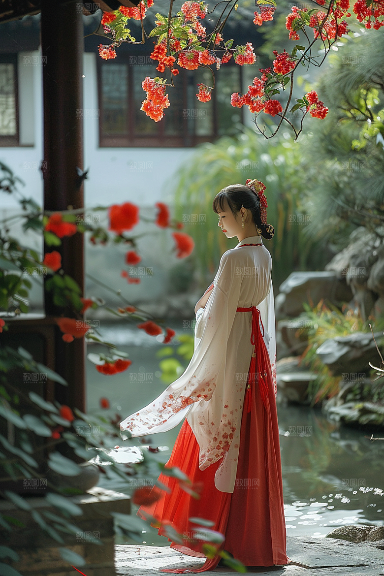 花卉汉服人物中式美景摄影图