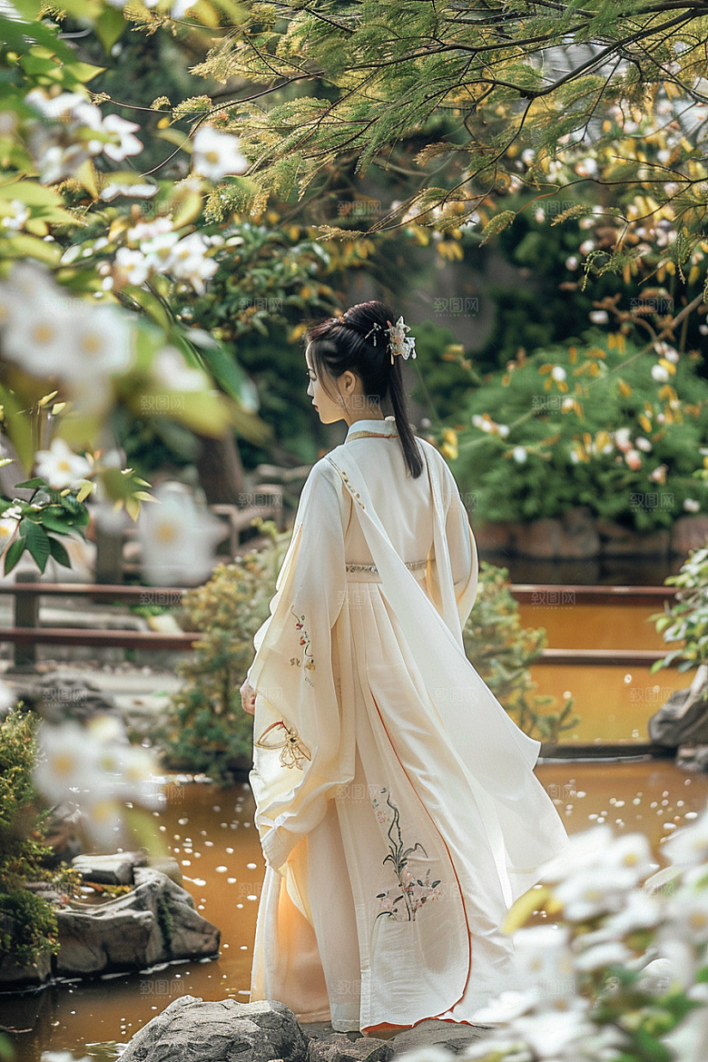 花卉汉服人物浪漫园林摄影图