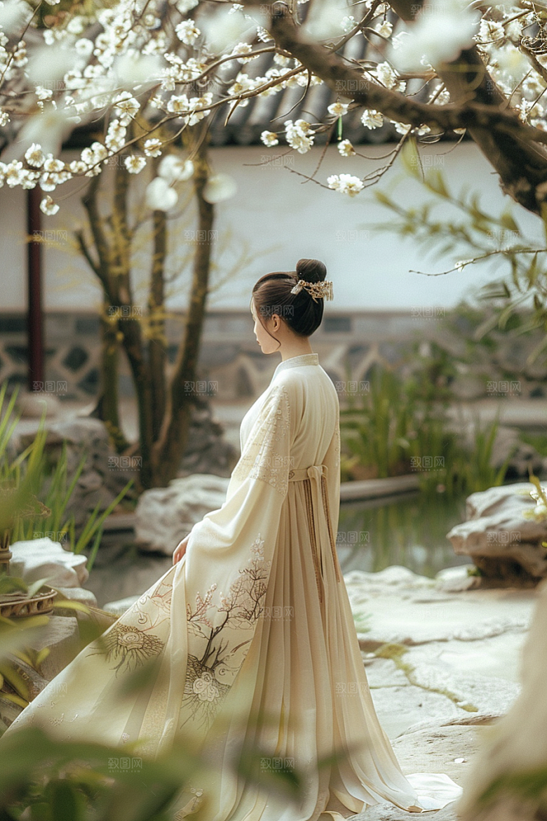 花卉汉服人物花丛高清摄影图