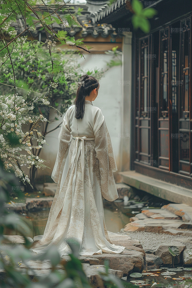 花卉汉服人物高清园林摄影图