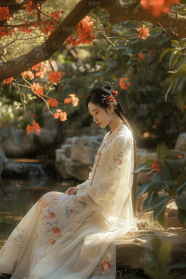 花卉汉服人物唯美园林摄影图