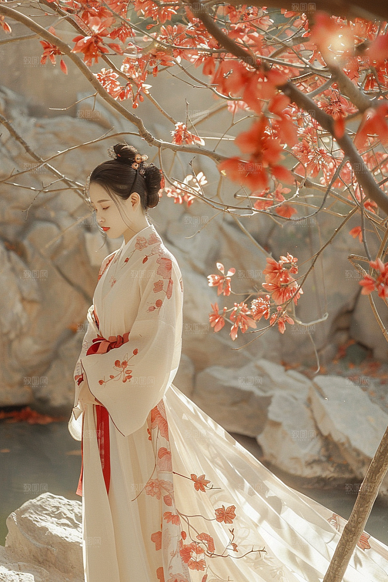 花卉汉服人物美女中式摄影图