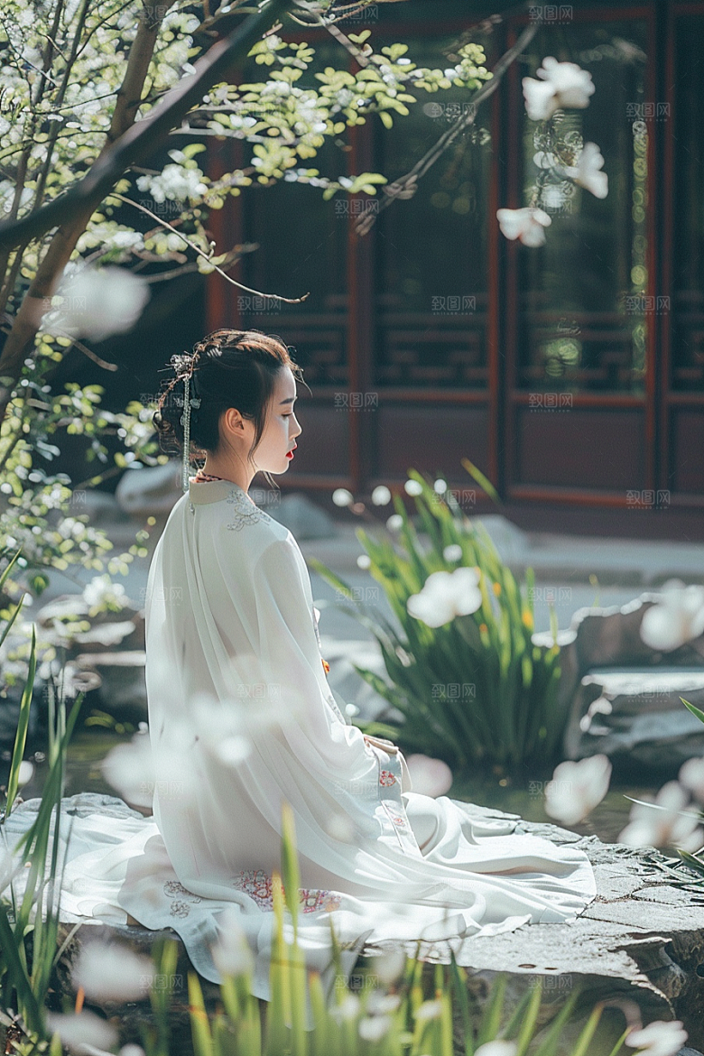 花卉汉服人物园林中国风摄影图