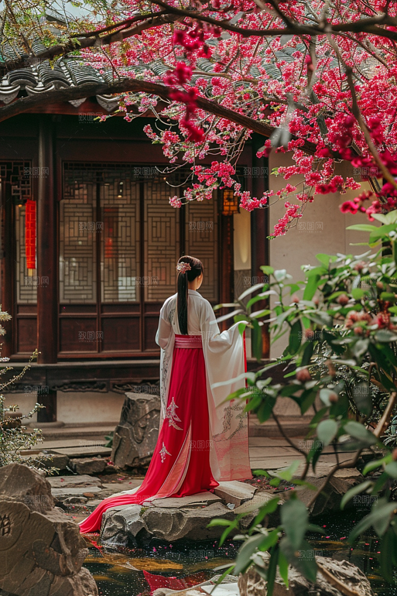 花卉汉服人物园林高清摄影图