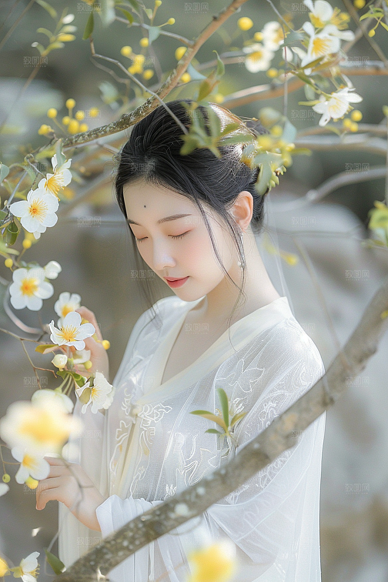 花卉汉服人物唯美人像摄影图