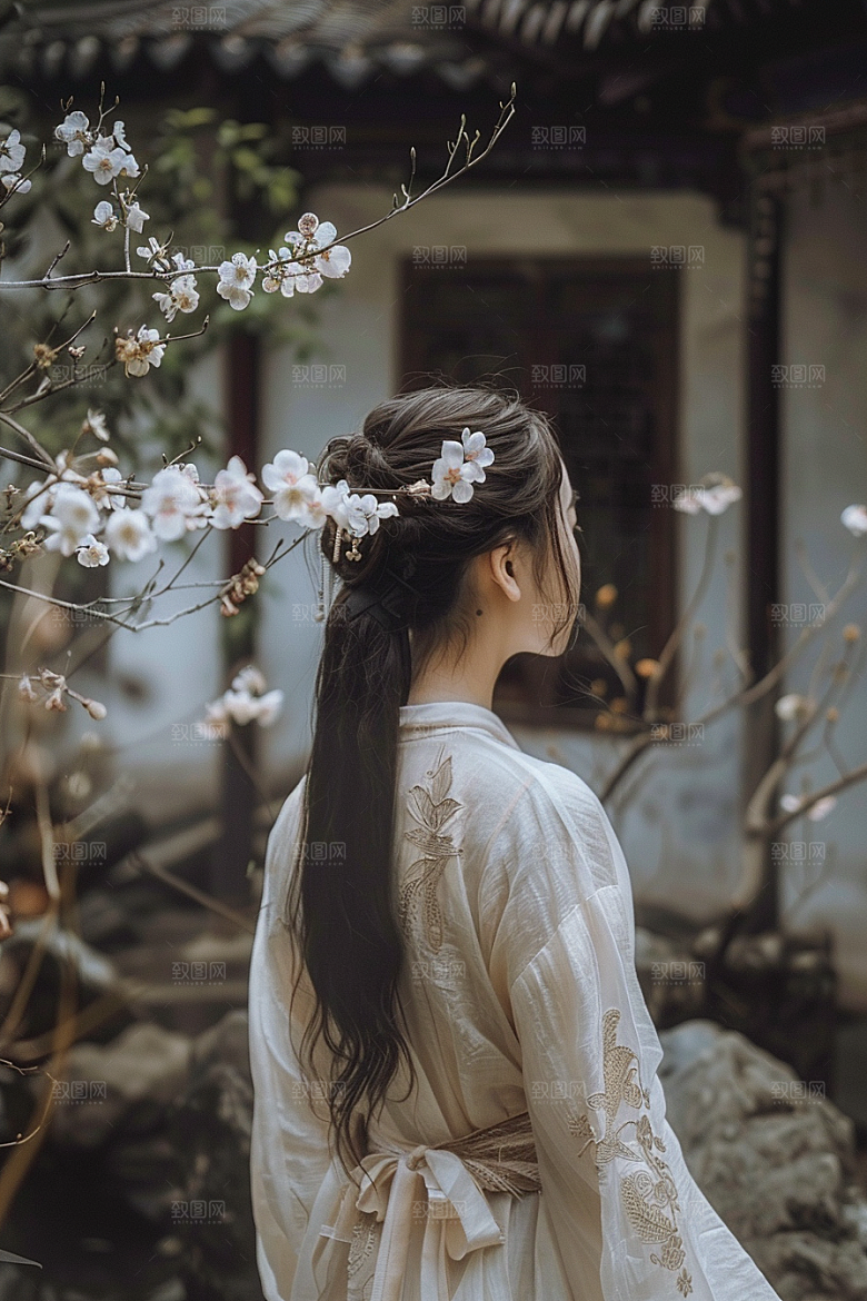 花卉汉服人物美女中式摄影图