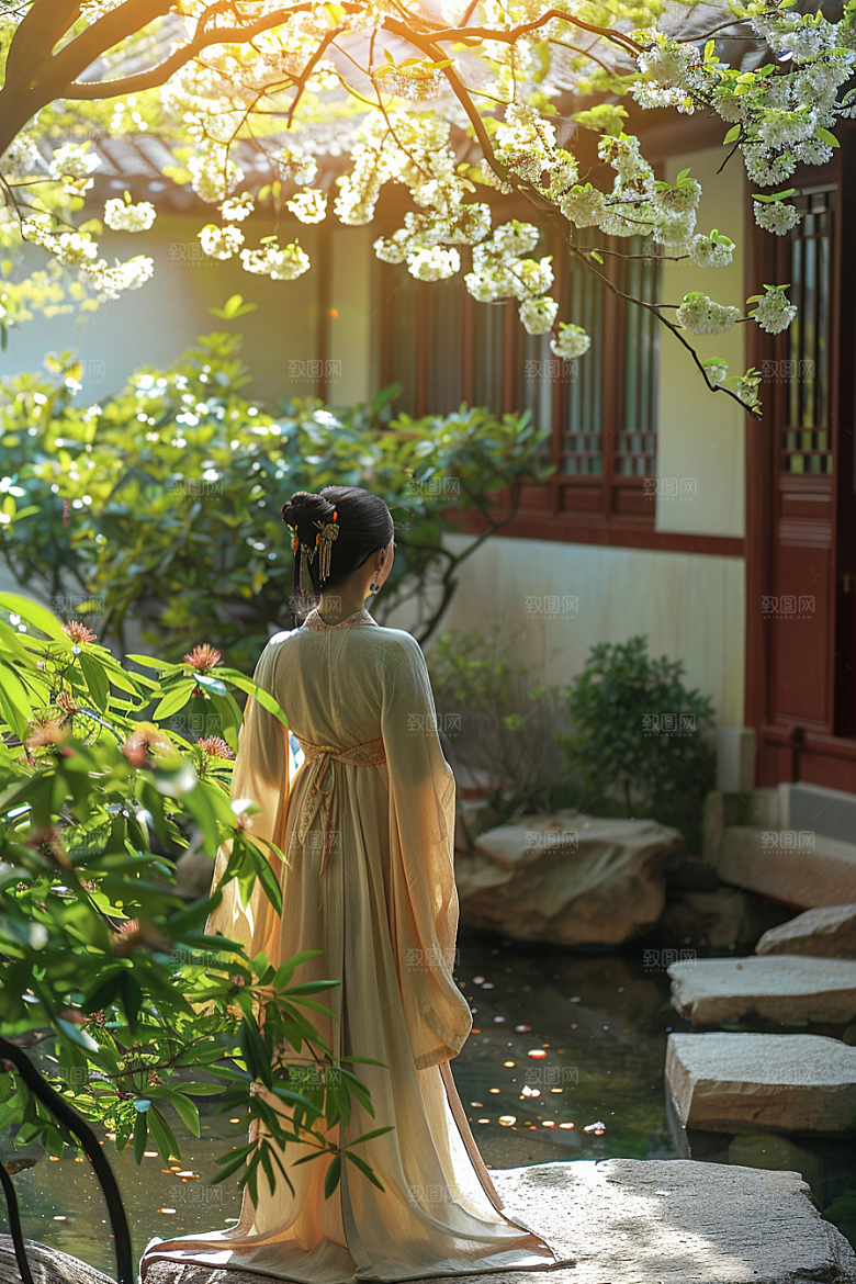 花卉汉服人物园林高清摄影图