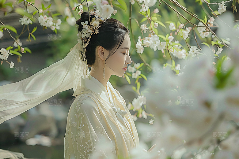 花卉汉服人物人像花丛摄影图