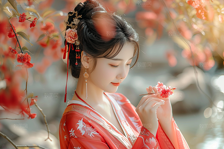 花卉汉服人物花丛唯美摄影图