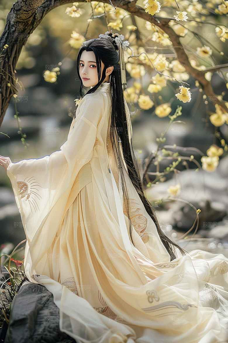 花卉汉服人物中国风花丛摄影图
