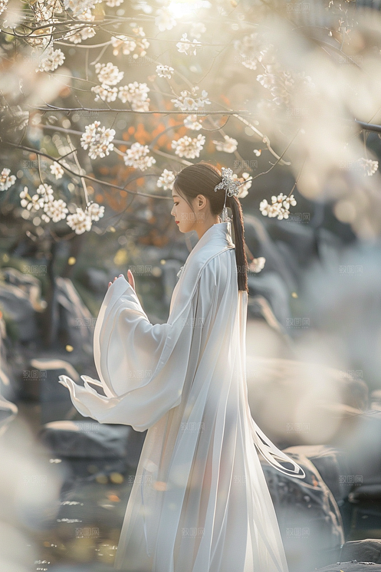 花卉汉服人物园林写真摄影图