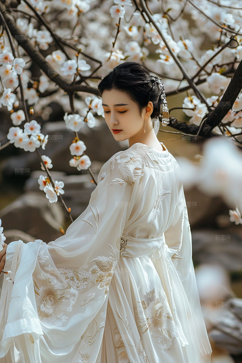 花卉汉服人物花丛园林摄影图